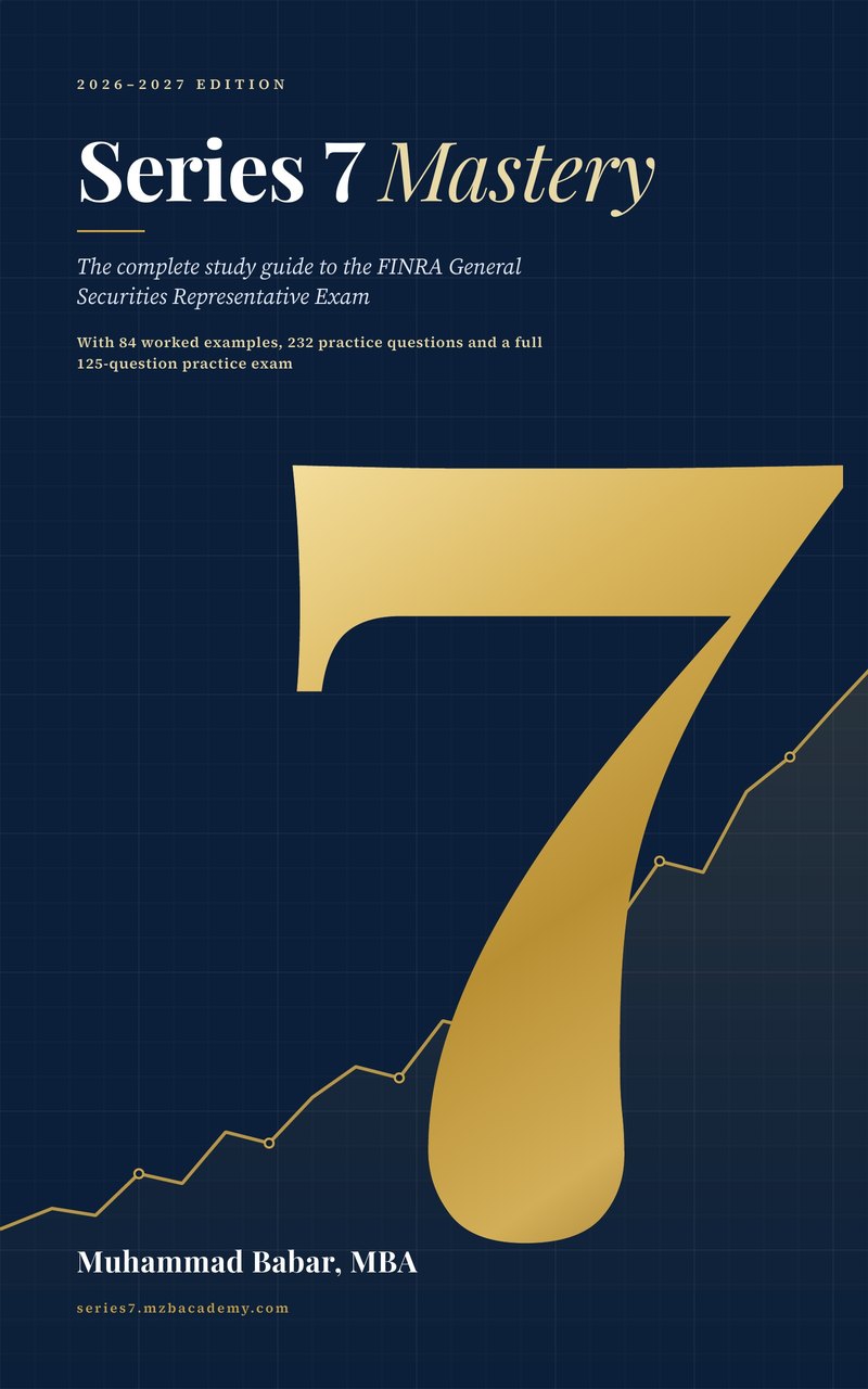 Cover of Series 7 Mastery by Muhammad Babar, MBA: navy and gold, with a large gold 7 and a rising market chart